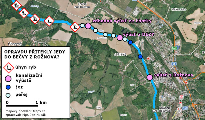 Schematická mapa úseku Bečvy, kde byla zaznamenána otrava podle Jana Husáka